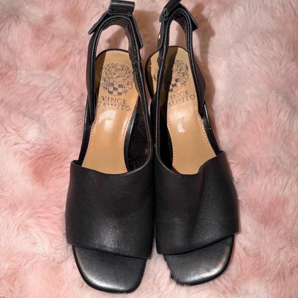 Vince Camuto Black Leather Open-Toe Slingback Heels